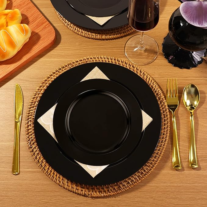 100 PCS Black Plastic Plates, Plastic Black Disposable Plates Include 50 10 inch Dinner Plate and 50 7 inch Dessert Plate Perfect for Party, Wedding