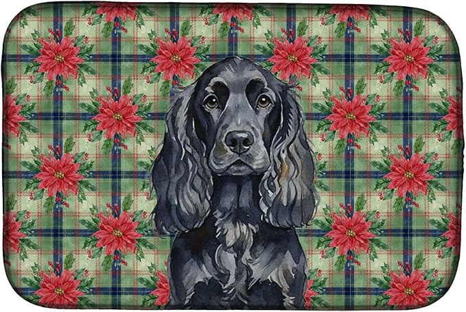 Caroline's Treasures Black English Cocker Spaniel Christmas PoinsettIas Dish Drying Mat Absorbent Dish Drying Mat Pad for Kitchen Counter Dish Drainer Mat for Countertop, 14 x 21", Multicolor