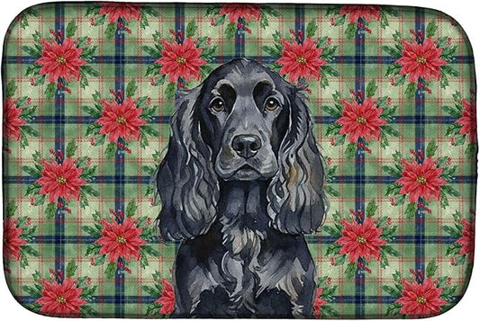 Caroline's Treasures Black English Cocker Spaniel Christmas PoinsettIas Dish Drying Mat Absorbent Dish Drying Mat Pad for Kitchen Counter Dish Drainer Mat for Countertop, 14 x 21", Multicolor
