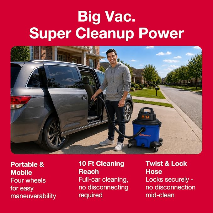 Koblenz WD-16 L4 Wet Dry Vacuum Cleaner, 16 Gallon Wet Dry Vac, 6.5 PHP, 3-in-1 Suction & Blower, Click-N-Lock Hose, Drain Plug, Big Vacuum Cleaner for Carpet & Floors, Swivel Casters, Black/Blue