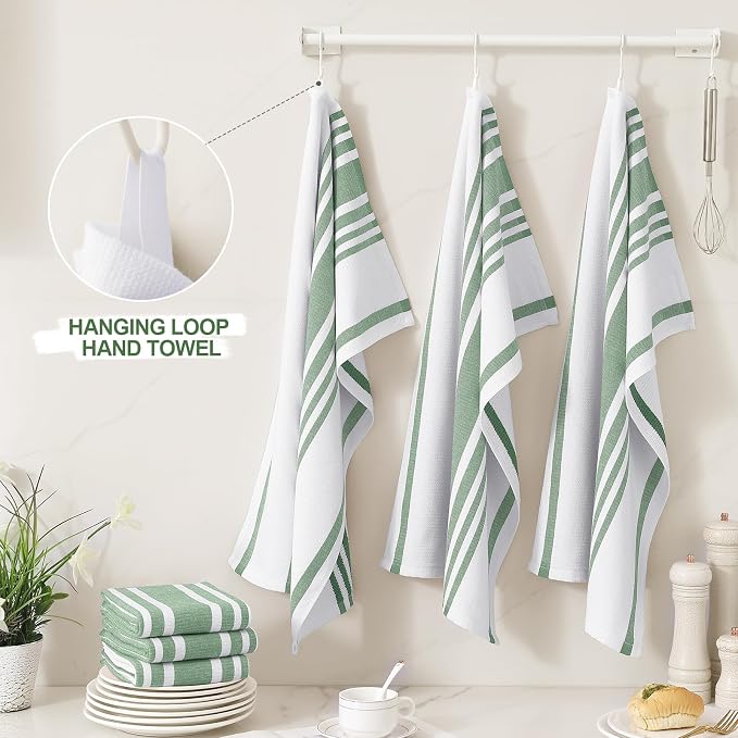 Homaxy Premium Kitchen Towels 18”x 28”, Large Cotton 380 GSM Kitchen Hand Towels, Stripe and Terry Dish Towel, Highly Absorbent Tea Towel Set with Hanging Loop, 6 Pack, Grass Green