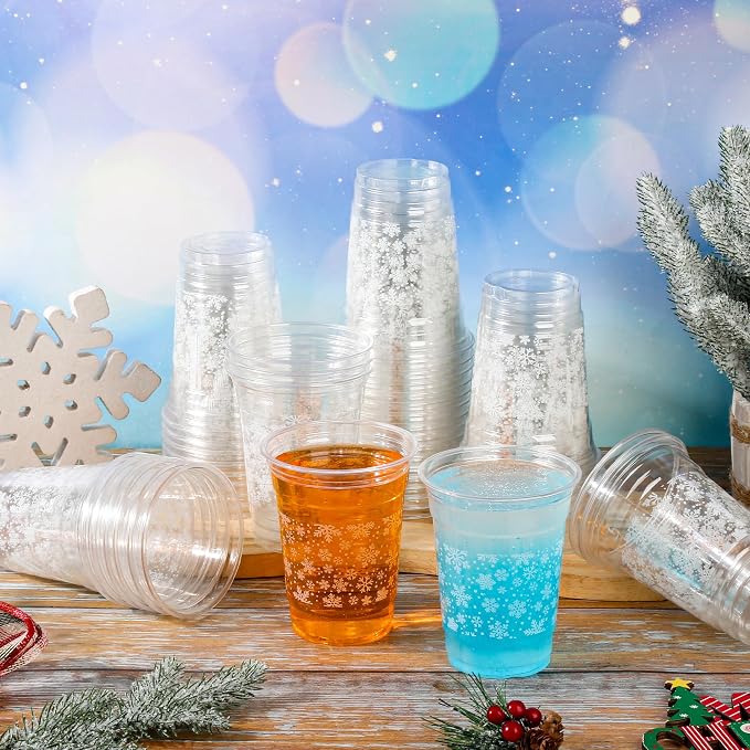 AimFun Snowflakes Plastic Cups Christmas Snowflake Disposable Party Cup Winter Holiday 12oz Clear Cups for Candy Beverage Snacks Birthday Baby Shower Party Supplies (50, Snowflakes)