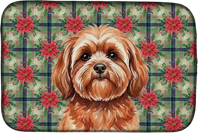 Caroline's Treasures Red Lhasa Apso Christmas PoinsettIas Dish Drying Mat Absorbent Dish Drying Mat Pad for Kitchen Counter Dish Drainer Mat for Countertop, 14 x 21", Multicolor