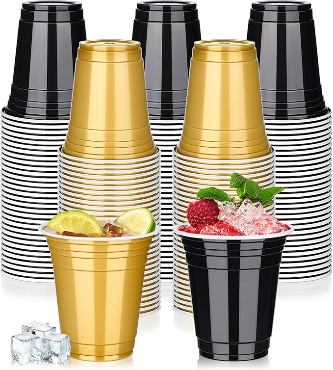 tchrules 100PCS 12oz Plastic Cups for Party, Disposable Black and Gold Graduation Cups Bulk, Black & Gold Plastic Drinking Cup for Halloween Christmas Wedding Birthday Picnic Holiday Party Supplies