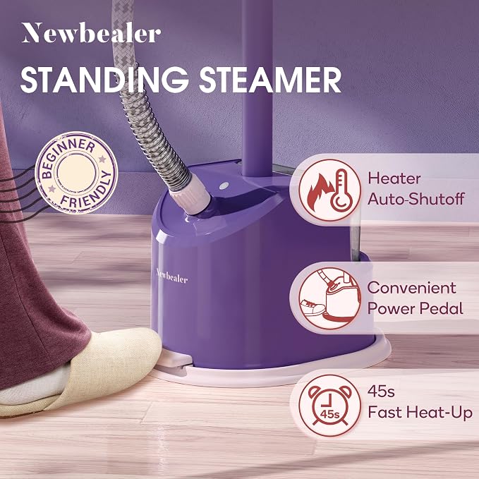 Newbealer Standing Garment Steamer 1500W Full-Size with Foot Pedal (Purple) | 1.7L Large Water Tank, 45s Fast Heat-Up, 50-Min Vertical Steaming, Auto-Off, for Home/Hotel/Laundry