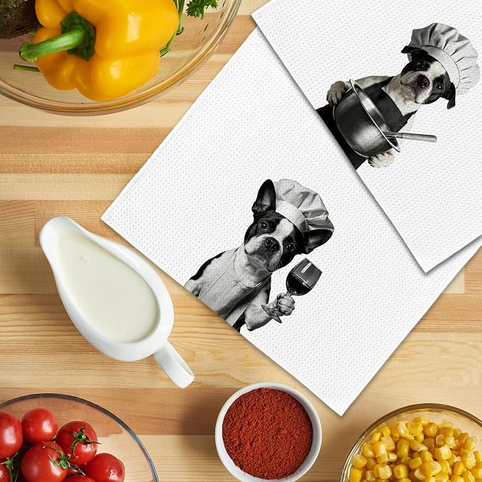 Funny Chef Boston Terrier Kitchen Towels Set of 2, Boston Terrier Dog Gifts for Women Dish Tea Towels for Kitchen, Dog Mom Lovers Owner Gifts Decorative Hand Towel, 16x24 Inch