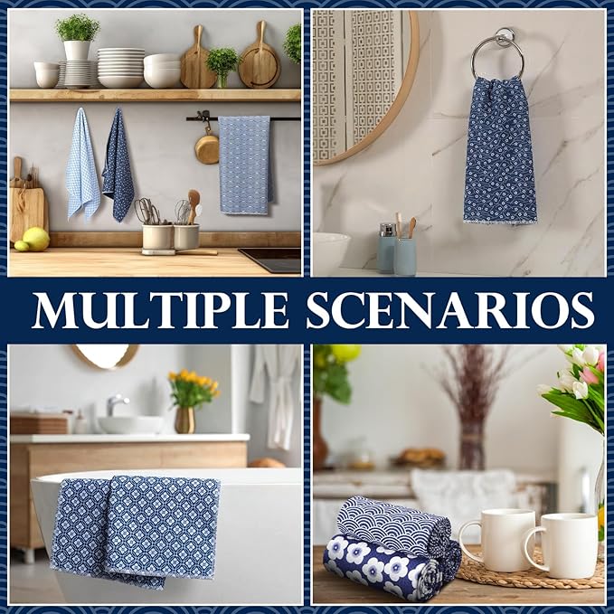 6 Pack Japanese Kitchen Tea Towels 18 x 30 Inch Blue Tenugui Traditional Towel Quick Dry Microfiber Dish Towels Modern Geometric Checkered Floral Hand Towel Home Decor Housewarming Gift for Women Men