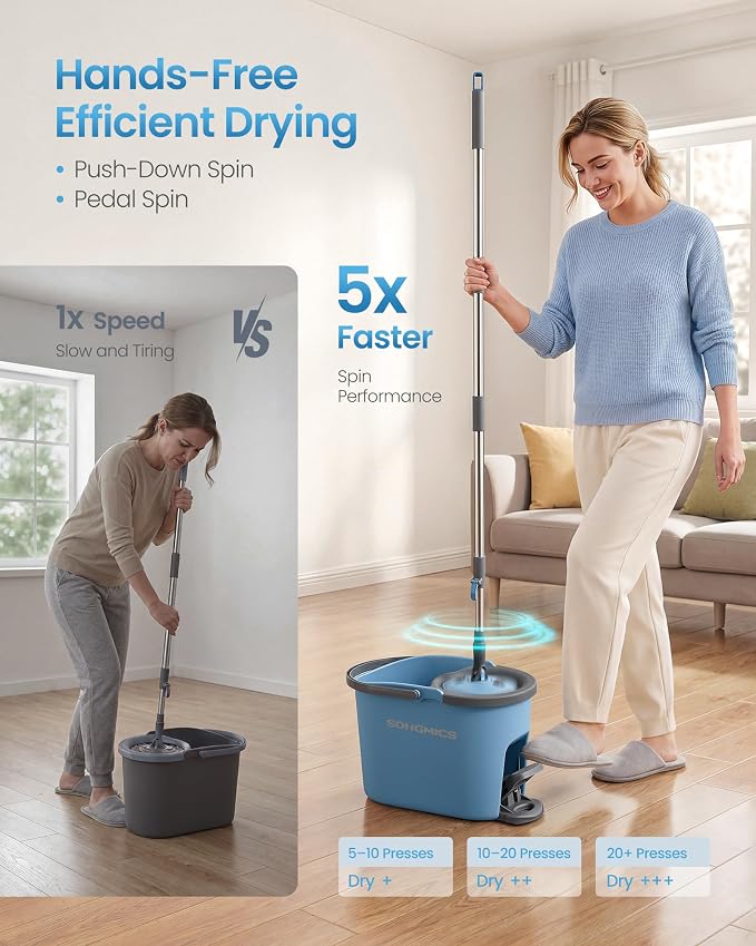 SONGMICS Spin Mop and Bucket Set with Pedal Wringer, Floor Cleaning Mop, Adjustable Telescopic Handle, Max. 59.1-Inch Length, 360° Rotating Head, 4 Microfiber Pads, Blue and Gray ULMB002QT04