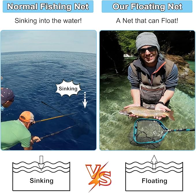 PLUSINNO Floating Fishing Net for Steelhead, Salmon, Fly, Kayak, Catfish, Bass, Trout Fishing, Rubber Coated Foldable Landing Net with Fixed or Telescoping Pole Handle, Fishing Gear and Gifts for Men