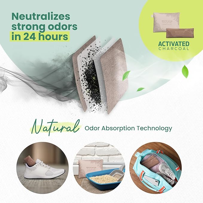 Roonin Bamboo Charcoal Bags Odor Absorber (6-Pack), Natural Air Purifier & Pet Safe Deodorizer for Home, Car and Closet - Odor Remover for Strong Smells