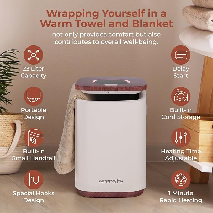 SereneLife Towel Warmer Bucket - Compact 23L Bathroom Towel Heater w/Essential Oils Disc Holder, Adjustable Timer, Auto Shut-Off, Power Cord Storage, LED Display, Fits 2 Oversized Towels (Wood Color)