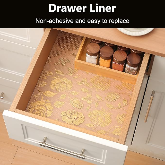 INNOLITES Shelf Liner for Cabinets, Non-Adhesive for Kitchen Drawer Liner, Waterproof Shelf Paper with Floral Pattern, Durable Easy to Clean (Golden Rose, 17.5" x 78.7")