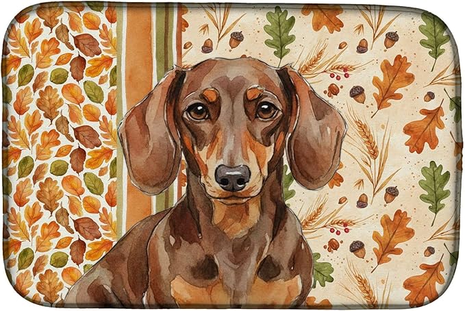 Caroline's Treasures Chocolate and Tan Dachshund Heirloom Fall Dish Drying Mat Absorbent Dish Drying Mat Pad for Kitchen Counter Dish Drainer Mat for Countertop, 14 x 21", Multicolor