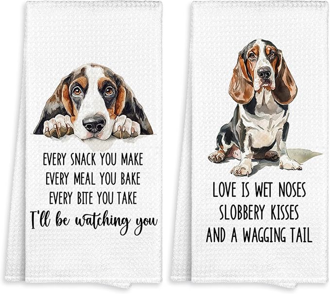 Basset Hound Kitchen Towel Gifts for Dog Lovers Decorative Set of 2, Bassett Hound Dish Towels Dishcloths Tea Towels, Basset Waffle Weave Microfiber Hand Towel for Kitchen Bathroom Decor 16x24