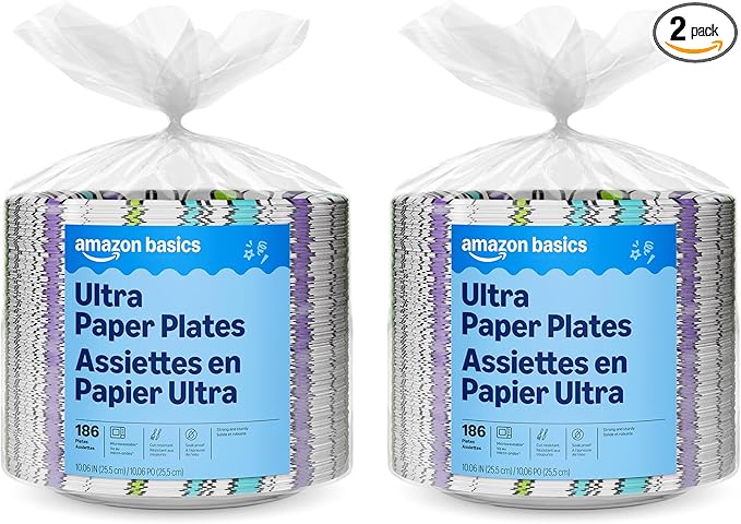 Amazon Basics Ultra Paper Plates, 10 Inch, Disposable, 372 Count (2 Pack of 186), Packaging May Vary