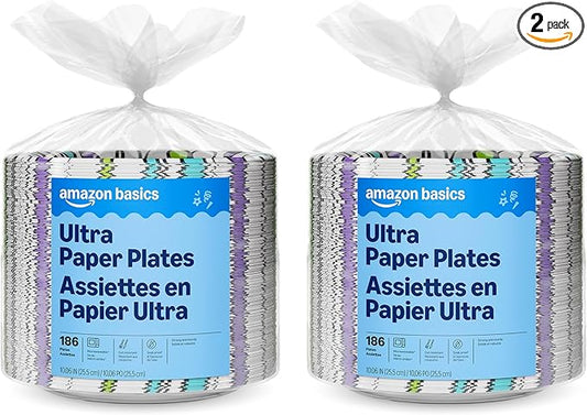 Amazon Basics Ultra Paper Plates, 10 Inch, Disposable, 372 Count (2 Pack of 186), Packaging May Vary