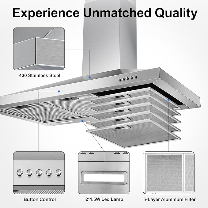 Tiesay Wall Mount Range Hood 36 inch with Ducted/Ductless Convertible Duct, Kitchen Hood Stainless Steel Chimney-Style Over Stove Vent Hood with LED Light, 3 Speed Exhaust Fan, 450 CFM