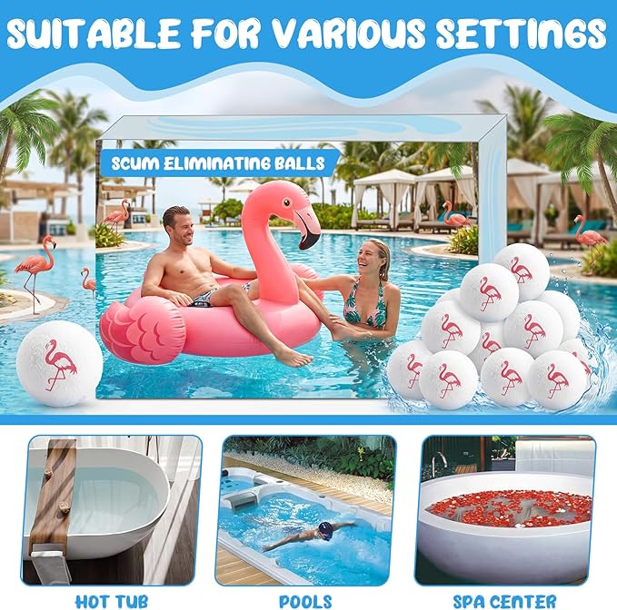 FoldTier 6 Pack Hot Tub Scum Absorber Balls, 3 Inch Flamingo Pattern Floating Pool Spa Cleaner, Washable Reusable Hot Tub Absorber Accessories for Oils Lotions, Prevents Scum Lines & Filter Clogs