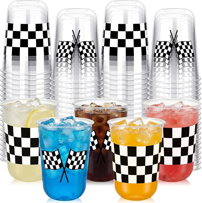 Ziliny 50 Pcs 16oz Checkered Cups Racing Party Round Bottom Plastic Cups Party Decorations, Disposable Clear White Black Checkered Flag Cup for Racing Themed Birthday Drink Supplies Decorations