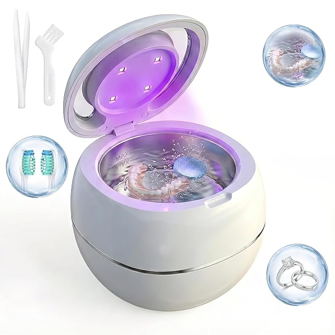Ultrasonic Retainer Cleaner Machine, White, 42KHZ Dental Cleaning Pod For Denture, Toothbrush Heads,Jewelry, Braces, Digital Timer with 2 Modes, 180ML,304 stainless steel inner liner
