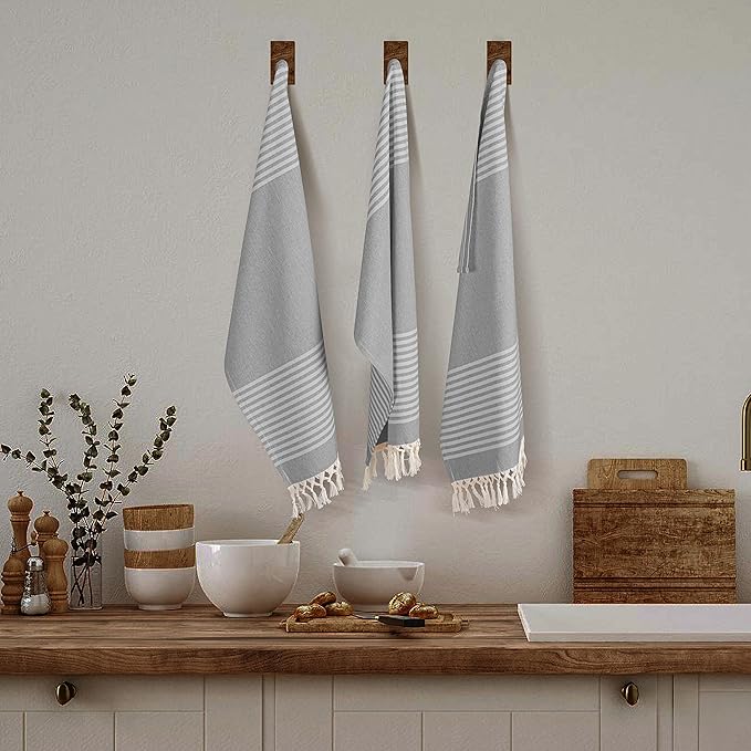 TWINY threads Set of 4 100% Cotton Turkish Kitchen Towels with Hanging Loop & Tassels (18" X 28") | Ultra Washcloth with Fringes | Reusable Hand Towels - Grey