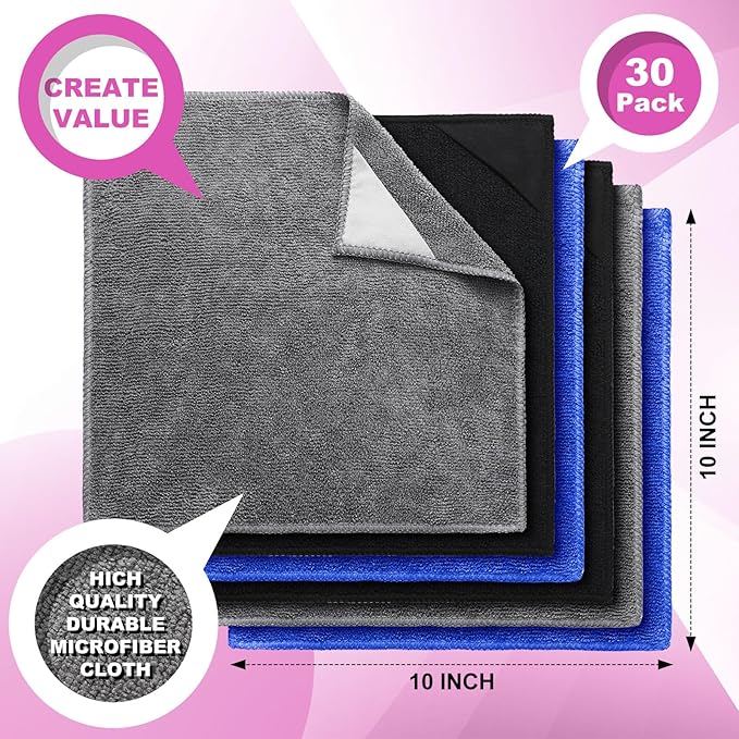 Tudomro 30 Pcs Magnetic Microfiber Cleaning Cloth Dry Erasers Bulk for Most Whiteboards Dry Erase Cloth Cleaner Reusable, Home, Office, 10'' x 10''(Black, Gray,Blue)