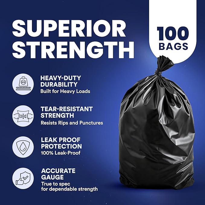 Plasticplace - W55LDBS1 55-60 gallon Trash Bags │ 1.7 Mil EQ │ Black Eco-Friendly Heavy Duty Garbage Can Liners │ 38” x 58” (100Count) Black
