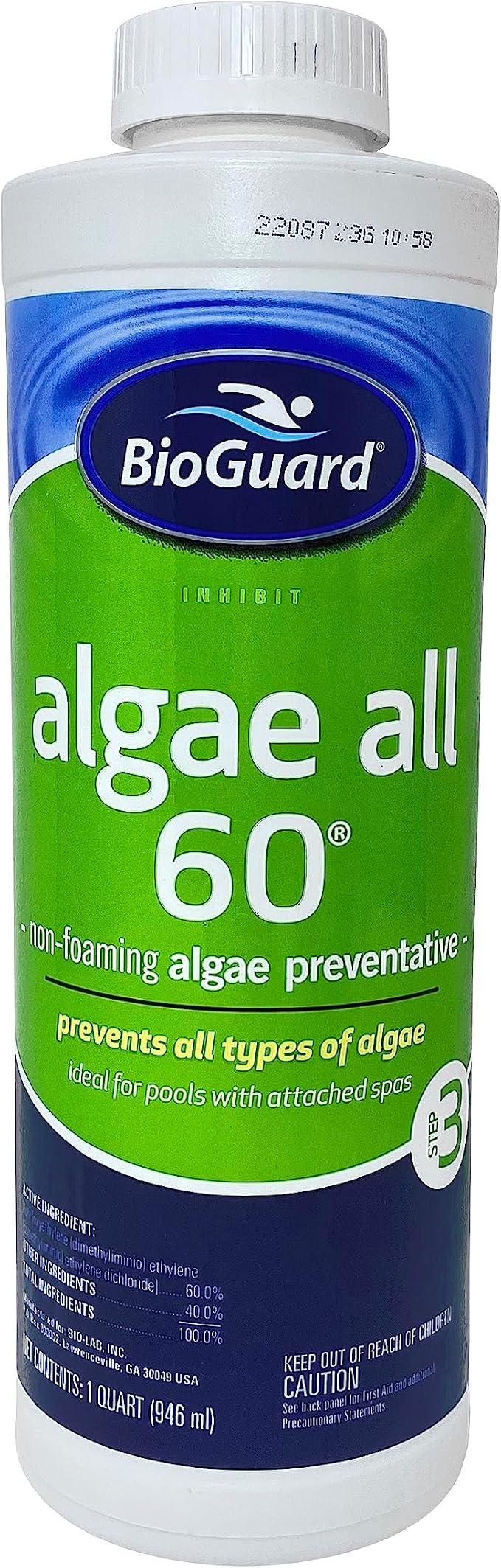 BioGuard Algae All 60 Non-Foaming Algae Preventative, 1 Quart, Single Pack | Non-Staining & Non-Foaming, Ideal for Swimming Pools with Attached Spas or Fountains
