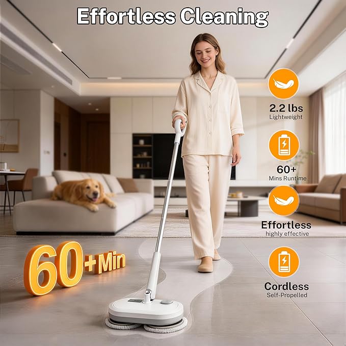 Cordless Electric Spin Mop with 220 RPM High Speed Motor for Hardwood Tile Laminate and Vinyl Floors with 4 White and 2 Gray Pads