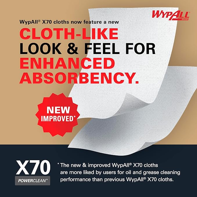 WypAll X70 Extended Use Reusable Cloths (41100), Flat Sheet Box, Long Lasting Performance, White, 1 Box, 300 Sheets