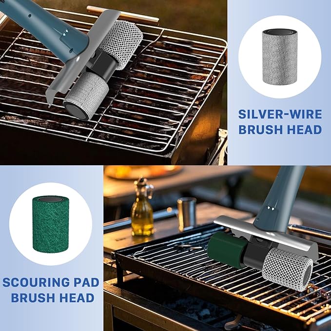 Hillyfe Grill Brush for Outdoor & 20 PCS Scouring Pads，Cordless Rechargeable Grill Brush with 3 Brush Heads, Grill Electric Cleaning Brushes Without Bristles, LED Light, Grill Scraper, Grilling Gifts