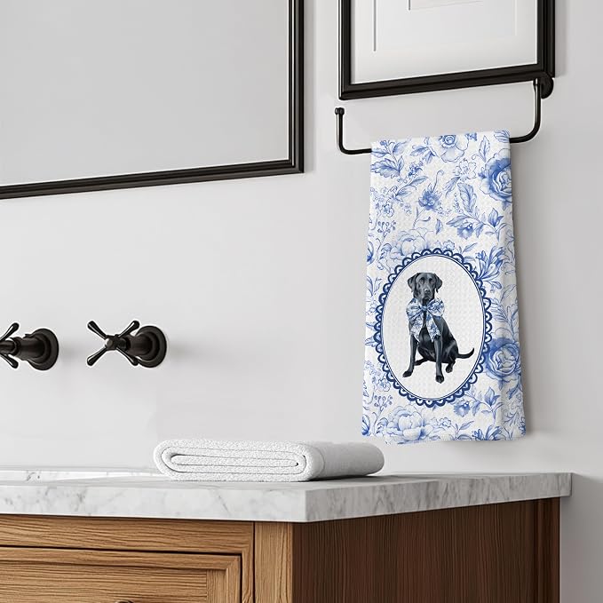 Chinoiserie Black Labrador Retriever Kitchen Towels, Blue and White Floral Black Lab Gifts Dish Tea Towels, Grandmillennial Botanical Dog Hand Towels for Kitchen Bathroom, 16x24 Inch