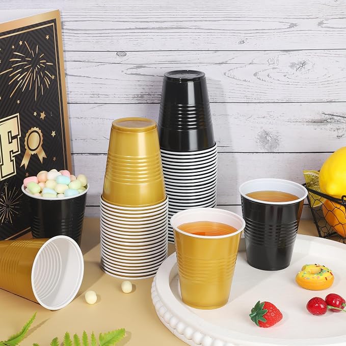 Kochorie 50 Pack Black Gold Disposable Plastic Cups 12 Ounce Drinking Party Cups Bulk Party for Wedding Birthday Graduation, Picnics Events