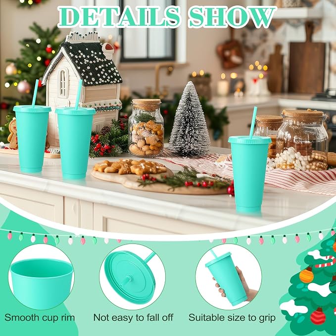 Honeydak 60 Pack Tumbler with Straw and Lid Bulk Cups for Gifts Water Bottle Iced Coffee Travel Mug Cup Reusable Plastic Tumblers for Party Birthdays 24-27 oz (Green Color)
