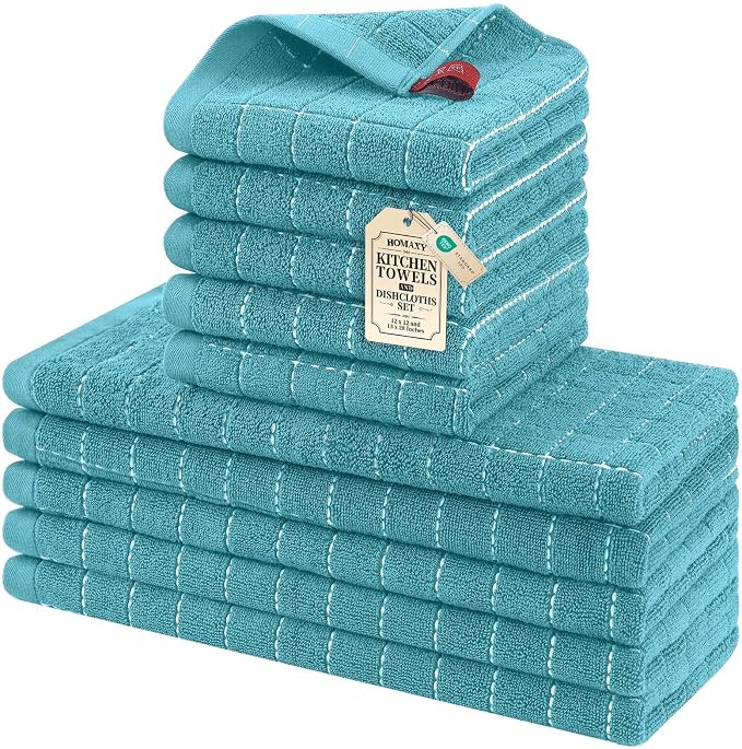 Homaxy Kitchen Towels and Dishcloths Set, 12 x 12 and 13 x 28 Inches, Set of 10 Bulk Cotton Terry Kitchen Towels Set, Checkered Designed, Soft and Super Absorbent Dish Towels, Lake Blue