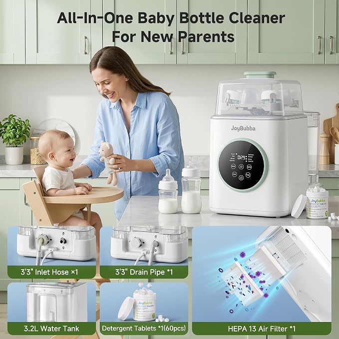 Bottle Washer, Sterilizer & Dryer – 4-in-One Cleaner for Baby Bottles, Pump Parts & Baby Essentials with 3 High-Temp Sterilization Modes, Includes 60 Cleaning Tablets – Saves Time & Effort.