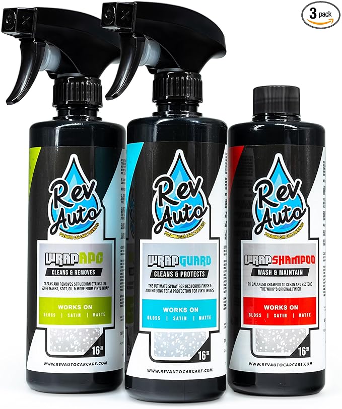 Rev Auto Vinyl Wrap Cleaner Kit – 3-Item Set Includes Wrap Detailer, Shampoo & Light Stain Remover | Made for Gloss, Satin, Matte, Chrome & More