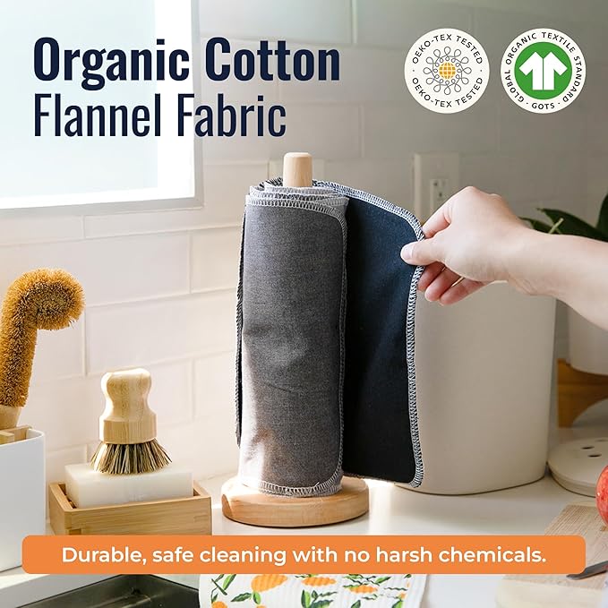 Zero Waste Reusable Paper Towels, Organic Cotton Flannel Wipes for Kitchen, Bathroom, Hand Drying, Pet Messes, and Counter Cleaning, Grey Tones, 24-Pack Gift Set