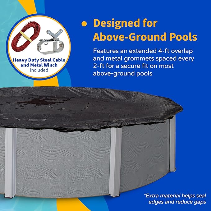 Blue Wave Rugged Mesh 18 ft 8-Year Above Ground Pool Cover for Winter – Fine Mesh Debris Barrier – 4 ft Overlap, Reinforced Grommets, Vinyl-Coated Cable, Metal Winch – Black Finish - BWC604