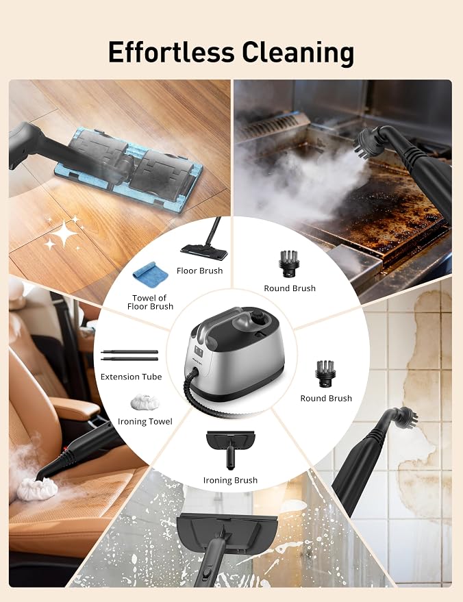 Steam Cleaner, 293°F 58 PSI Powerful Multipurpose Handheld Steam Mop for Home Use, 21 Attachments, 50Oz Capacity, Heavy Duty Steamer for Carpets, Floors, Cars, Tiles, Crack Cleaning, Pearl