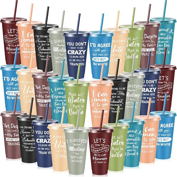 Uiifan 30 Pcs Funny Employee Gifts, Sarcastic Office Gifts for Coworkers Staff, 24oz Colorful Plastic Tumbler with Lids and Straws Bulk, Funny Tumblers for Women Man(Morandi Color)