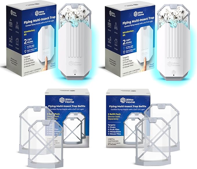 Fly Trap Indoor Starter Kit (2 Device & 2 Refills), Long Lasting Indoor Fly Trap for Home, Captures Flies, Moths, Fruit Flies, Gnats, Flying Insect Trap Indoor Plug in 24/7 UV Light