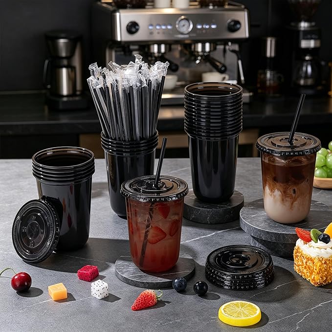 KesaPlan 50 Pack 16 oz Black Plastic Party Cups with Lids & Straws, Disposable Iced Coffee Cup with Lids, Round Bottom Drinking Cups for Cocktail Cold Beverages Birthday Wedding Picnics Party Supplies