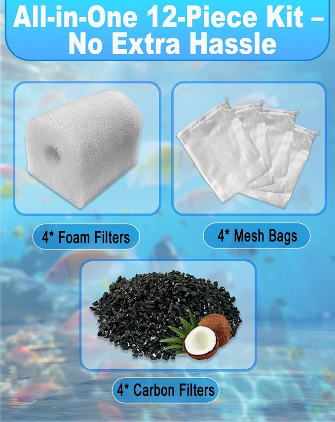 12 Pack Aquarium Filter Media Replacement for Penn-Plax Cascade 400 ＆ 600 Fully Submersible Internal Filter, Includes Carbon Filters, Foam Filters & Mesh Bags for Freshwater and Saltwater Aquariums