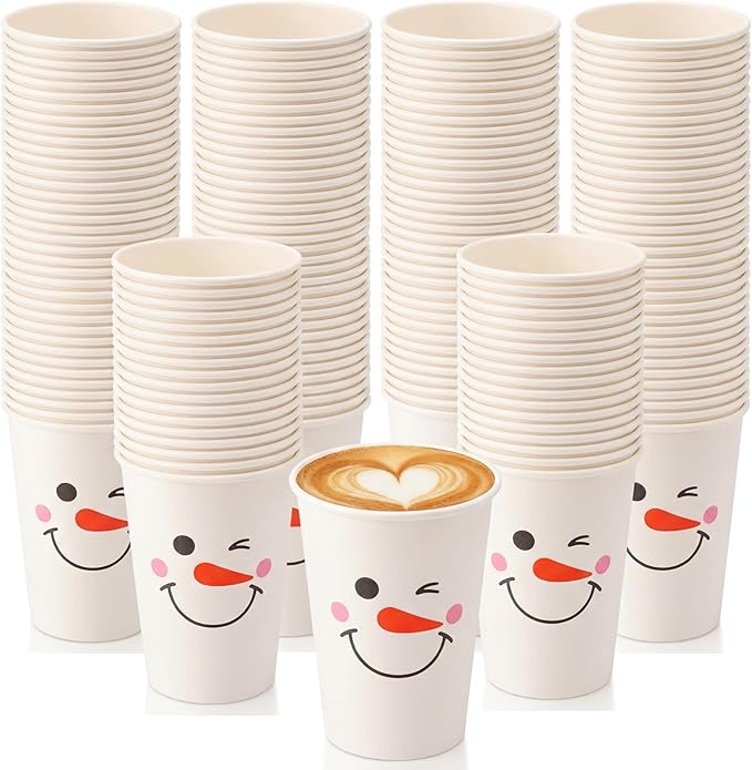 Funnymoom 150 Pcs Snowman Paper Cups 12 oz Disposable Coffee Drinking Paper Cups for Hot Cold Beverage Drink Juice Cocoa Winter Party Supplies