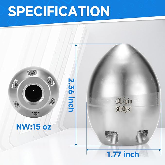 Tool Daily 3/8” NPT Sewer Jetter Nozzle for Pressure Washer, Stainless Steel Sewer Jet Nozzle for Drain Cleaning, 40 L/Min, 3000 PSI