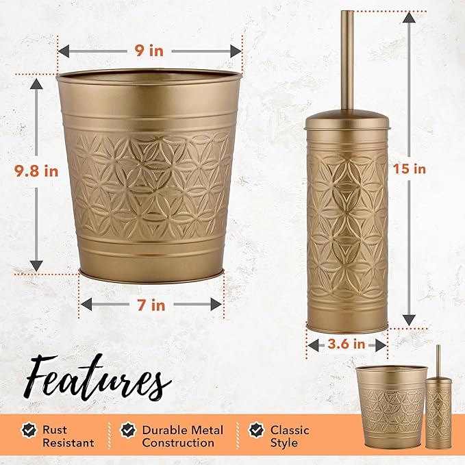 Autumn Alley Farmhouse Antique Gold Bathroom Accessories Set – Includes Gold Bathroom Trash Can & Toilet Brush with Holder, Handcrafted Modern Waste Bin & Standing Toilet Brush, Embossed Metal Décor