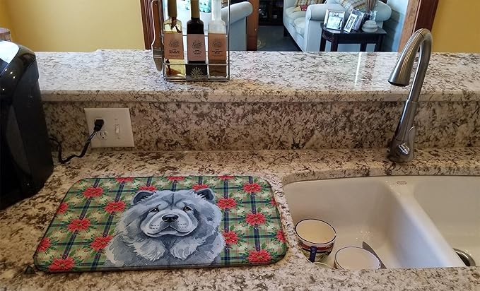 Caroline's Treasures Blue Chow Chow Christmas PoinsettIas Dish Drying Mat Absorbent Dish Drying Mat Pad for Kitchen Counter Dish Drainer Mat for Countertop, 14 x 21", Multicolor
