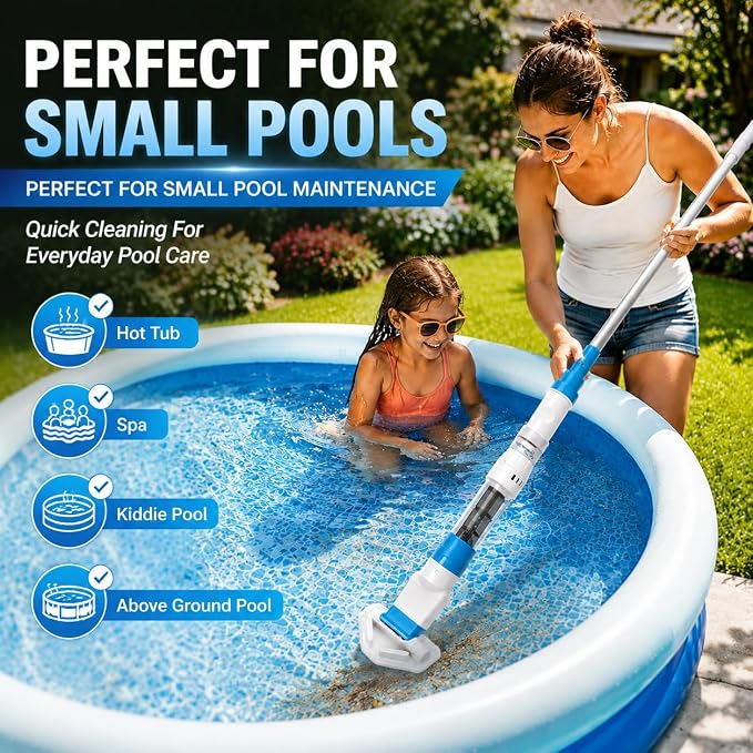 Ultra-Portable Cordless Handheld Vacuum for Hot Tub, Above Ground Pool & Kiddie Pool, USB Charging, 60-Min Runtime, Lightweight Pool Maintenance Tool