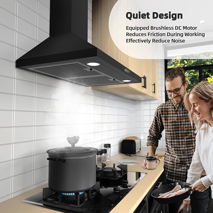 FIREGAS Black Range Hood 30 inch, Convertible Wall Mount Range Hood with Brushless Motor, 450 CFM, 9 Speed Fan, Soft Touch Controls, Permanent Filters, LED Lights, Charcoal Filter included